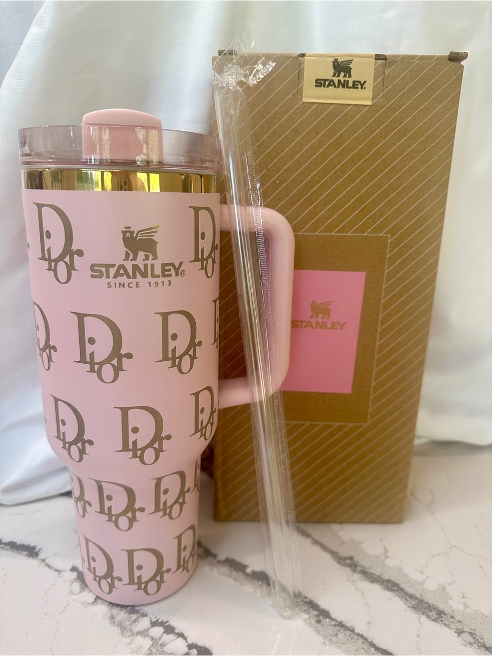 Pink Dior Stanley 40oz Gold Rim New With Box & Sealed Straw